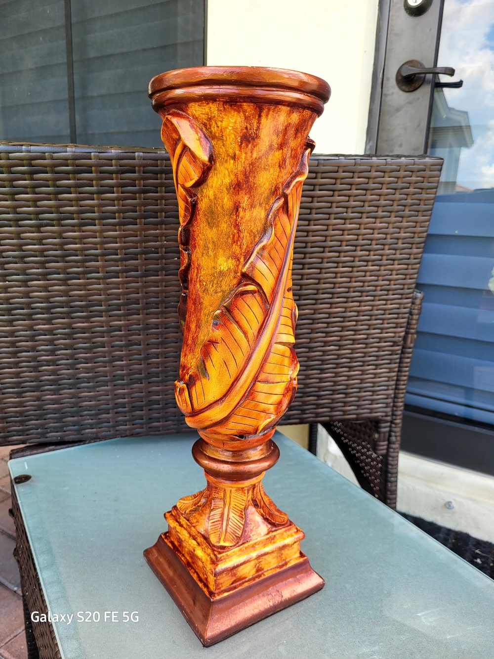 Decorative Amber Leaf Carved Pedestal Vase - Amber Finish